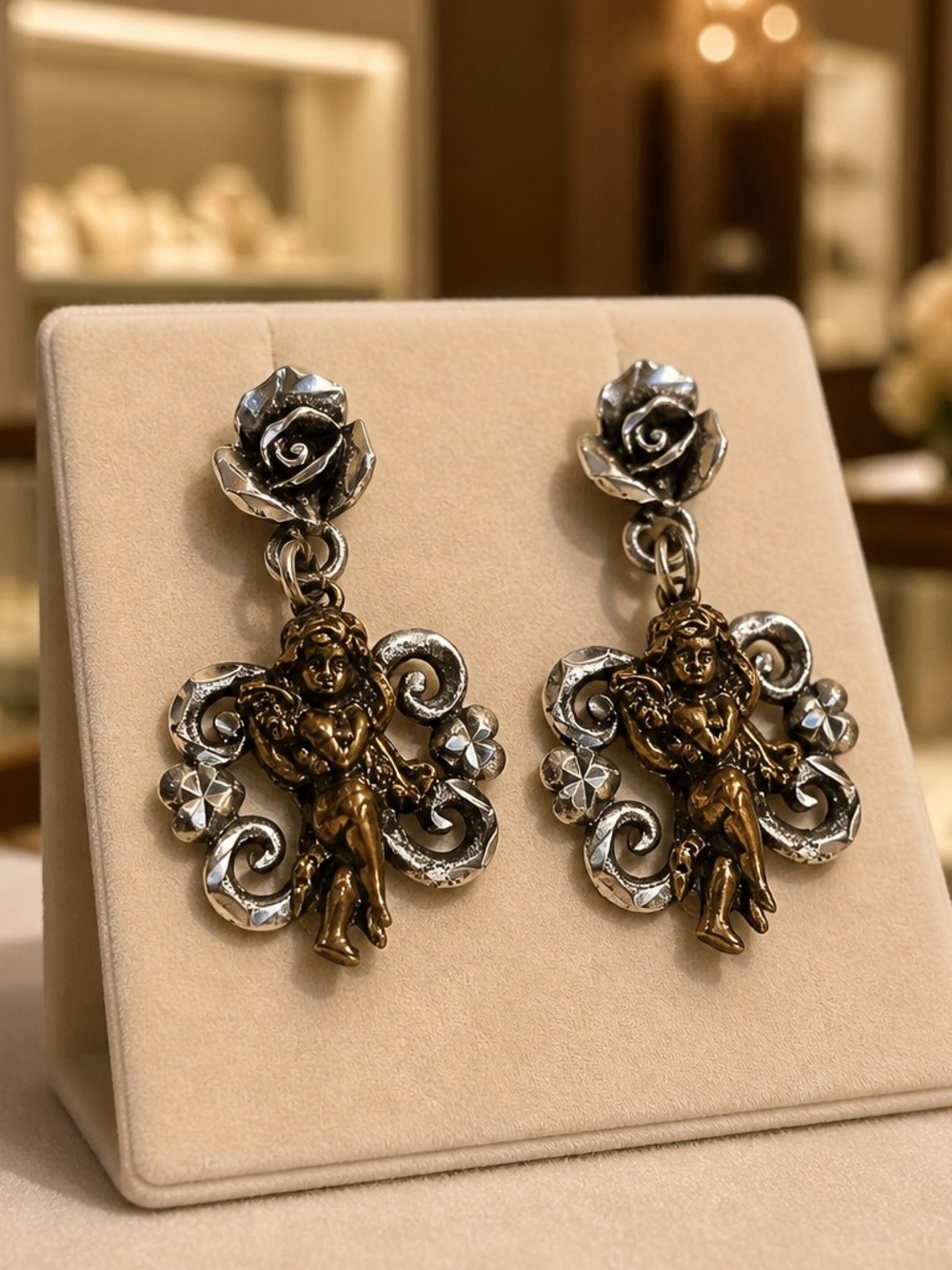 1996 EJC angel earrings pierced gold and silver tone metal stamped vintage